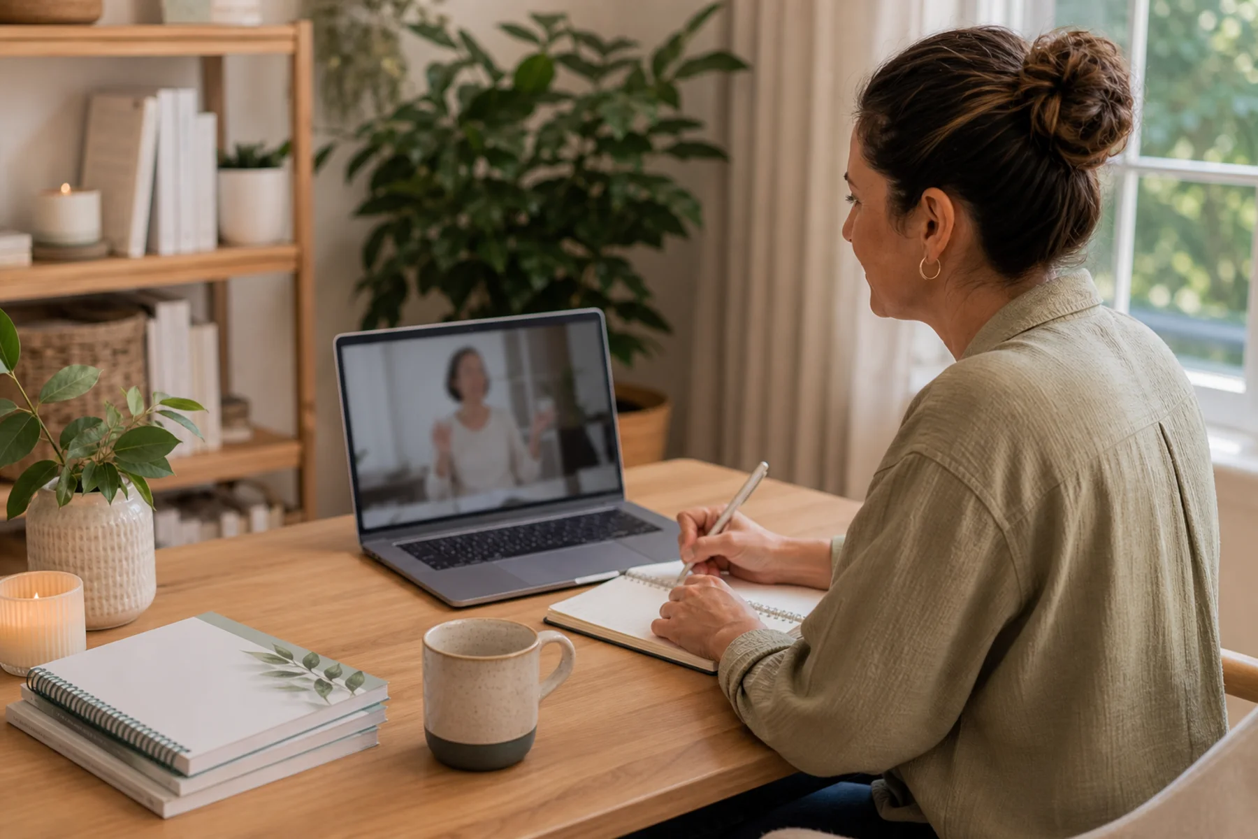A practitioner taking notes during an online professional learning session