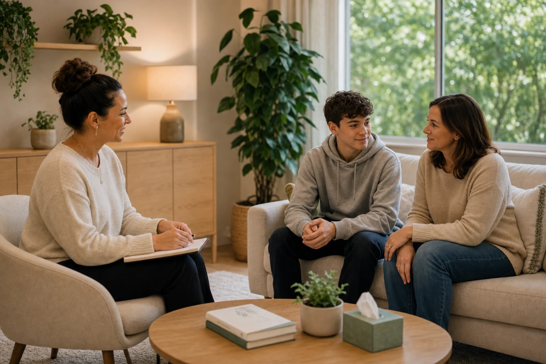 A counsellor sitting with a parent and teenager in a calm counselling room