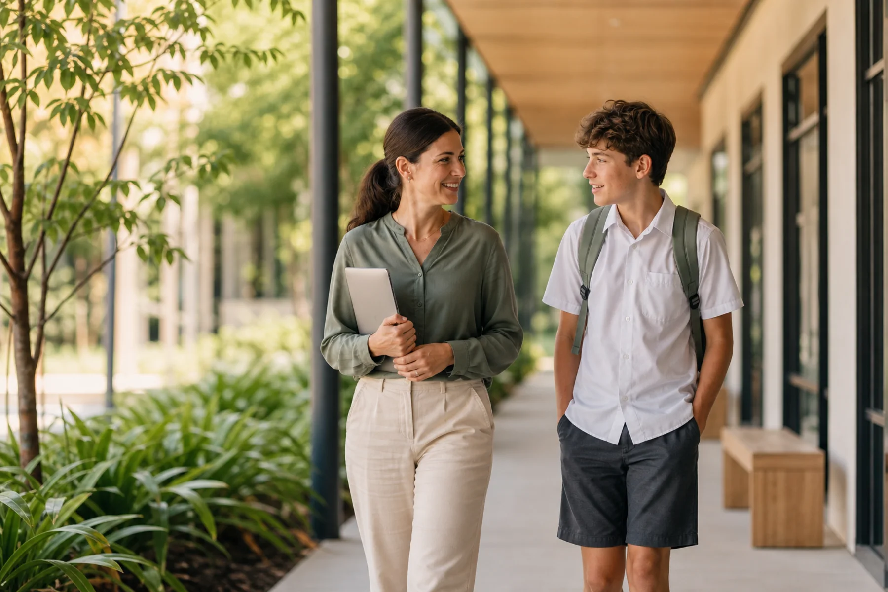 A school wellbeing staff member walking with a student through a green school corridor